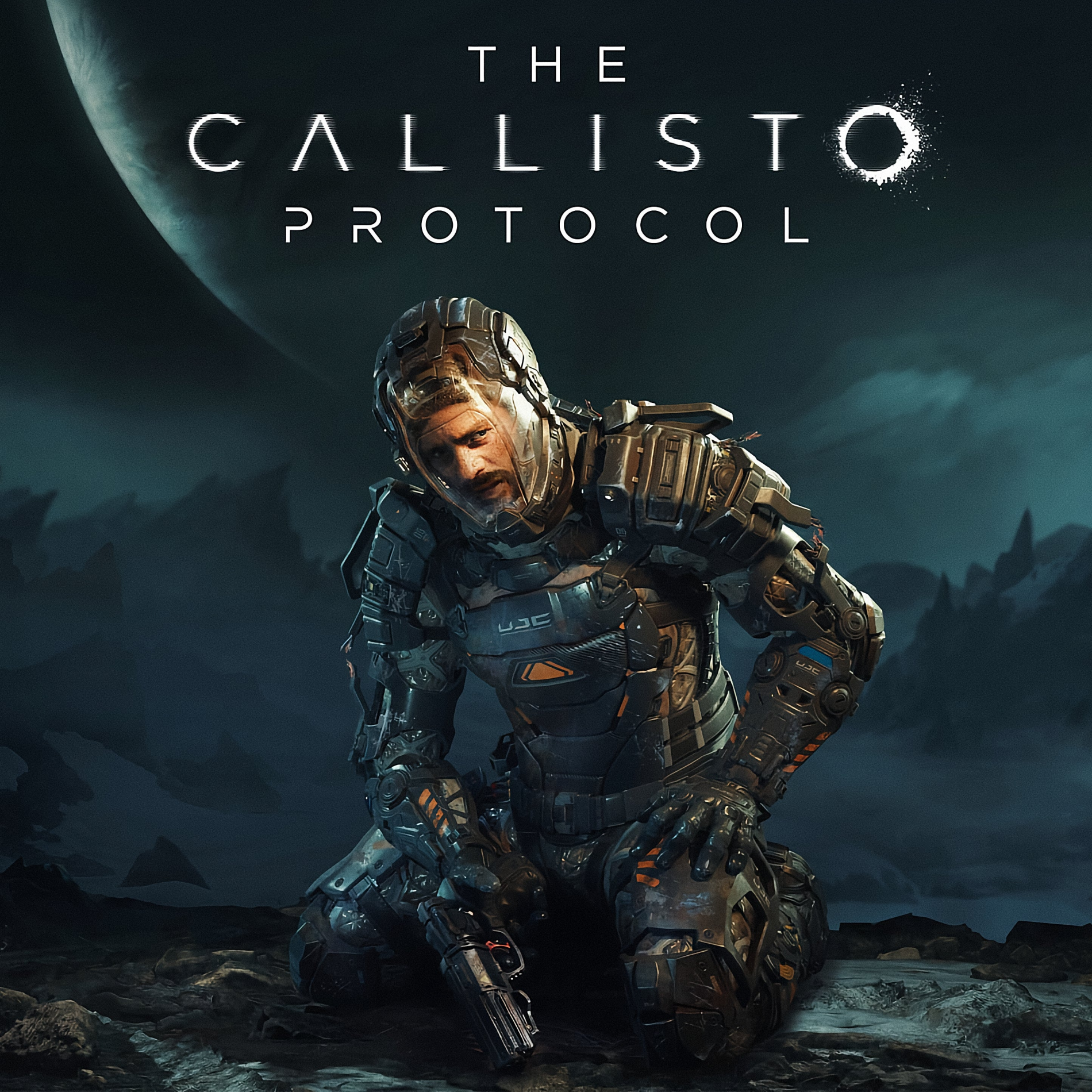 Image of a spaceman in full space suit, his face lit up on an alien planet. The background of dark skys and shadowy moon
