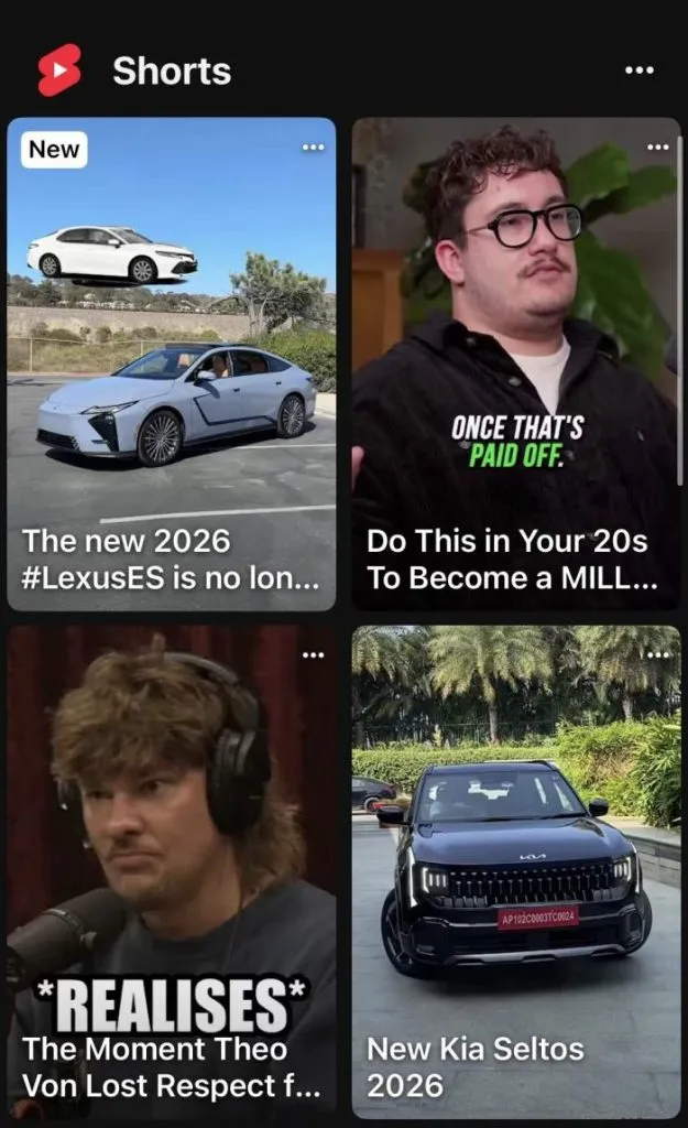 Screenshot of 4 YouTube shorts thumbnails
