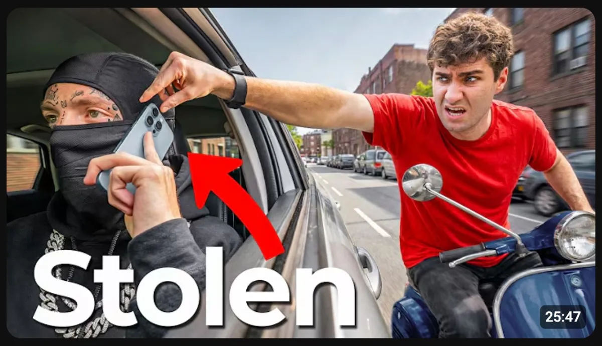 YouTube thumbnail design featuring Airrack reaching from a scooter toward a person holding a smartphone out of a car window with the word Stolen and a red arrow pointing to the phone