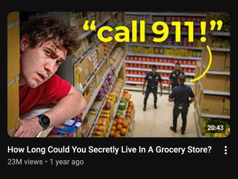 Airrack YouTube thumbnail featuring a surprised facial expression, grocery store scene, and large yellow text reading "call 911!"