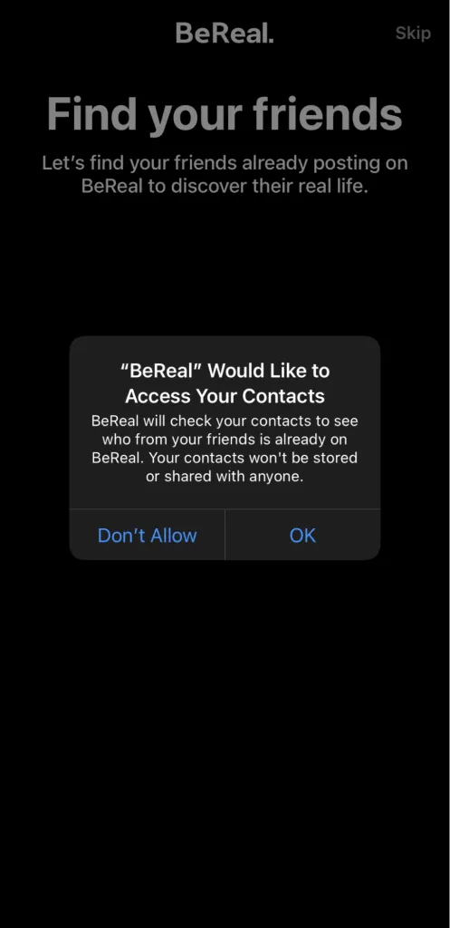 bereal would like to access your contacts