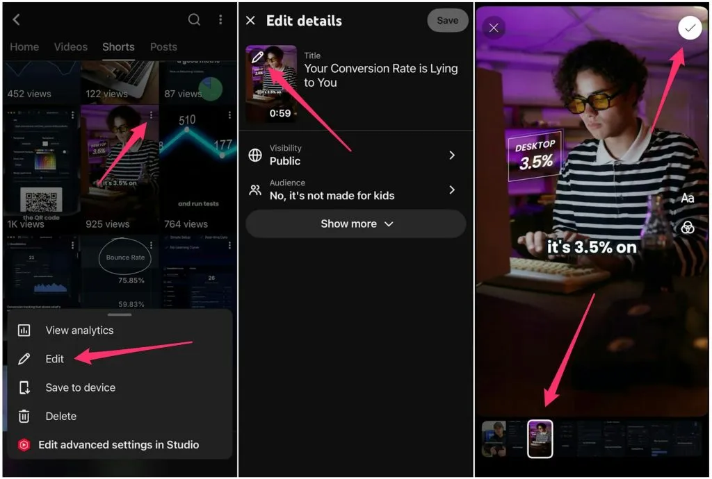Screenshots showing how to edit a YouTube shorts thumbnail