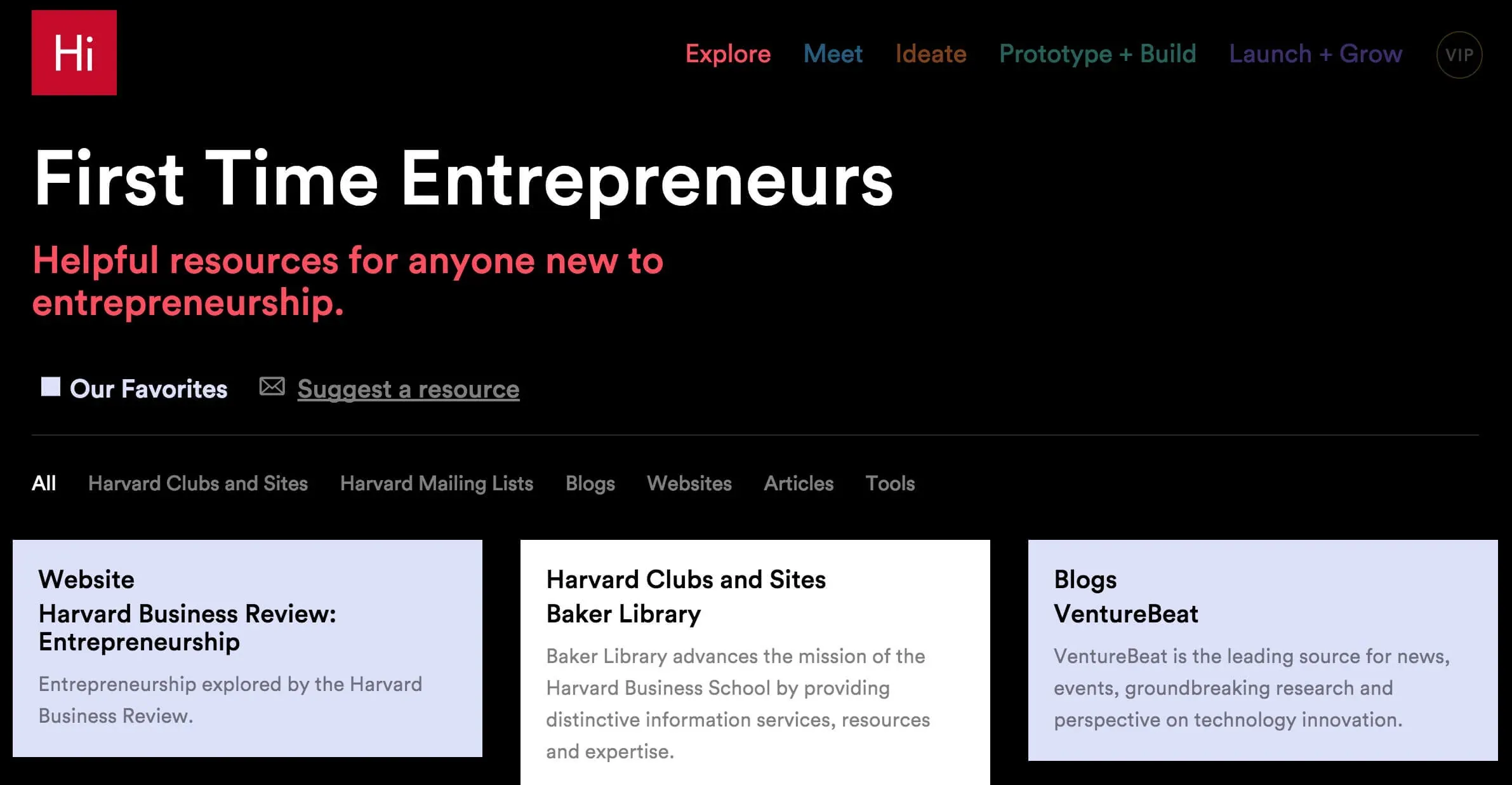 A screenshot of Harvard's resource page for first time entrepreneurs