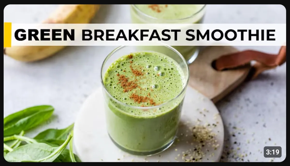 Green YouTube thumbnail featuring a healthy breakfast smoothie with bold black text