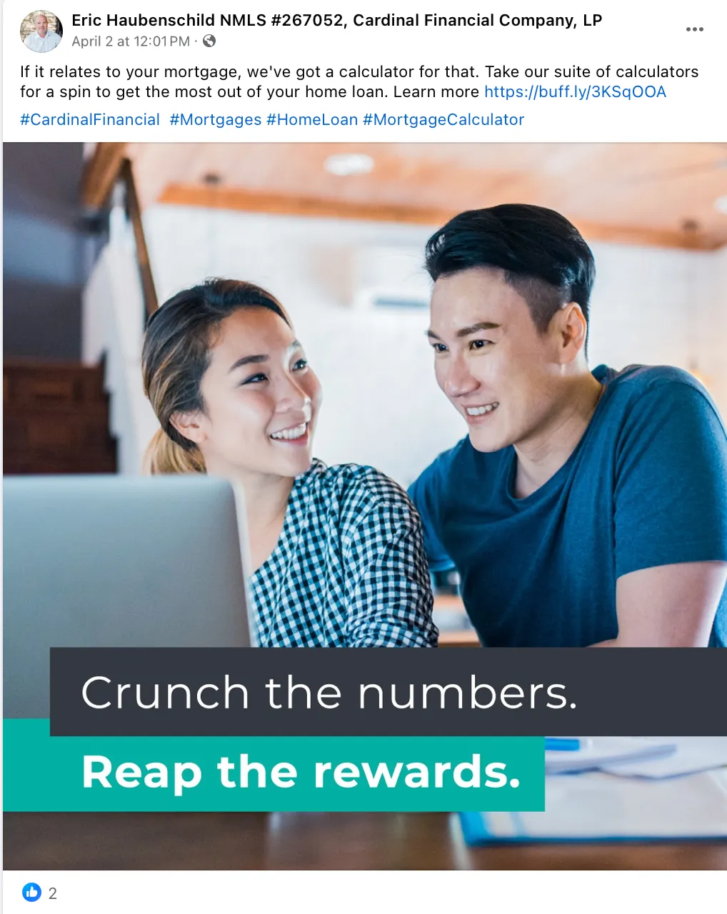 Facebook post for mortgage calculator with outbound link. 