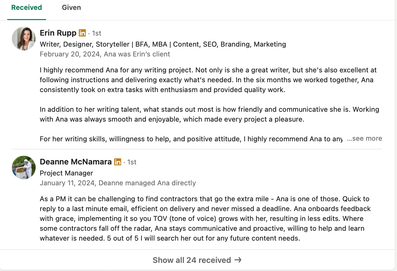 LinkedIn recommendations