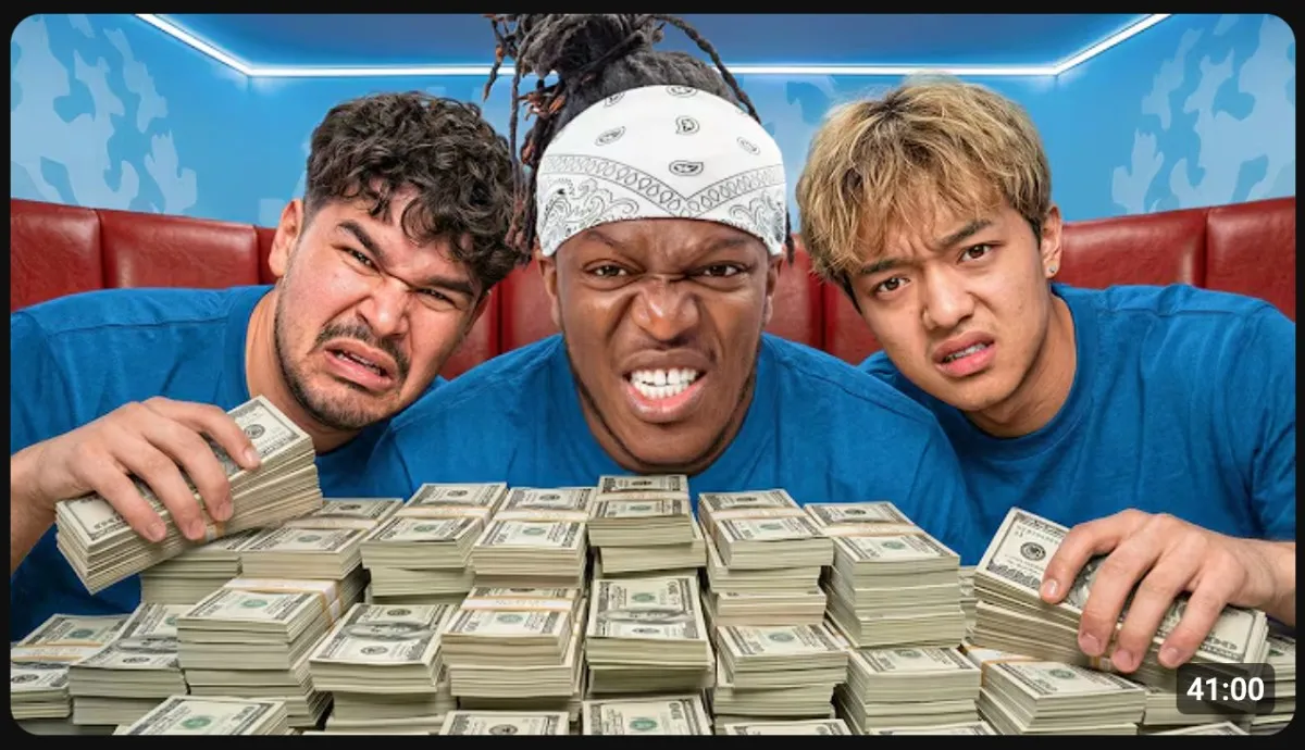 YouTube thumbnail with KSI JasonTheWeen and Jack Joseph holding a stack of money while making exaggerated facial expressions