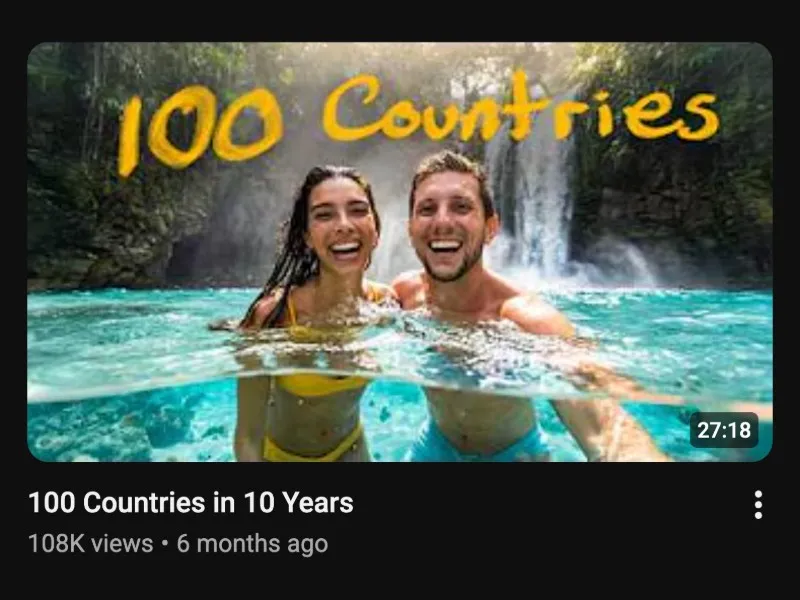 Lost LeBlanc YouTube thumbnail featuring a man and woman swimming in turquoise water, a waterfall background, and yellow handwritten text reading "100 Countries"