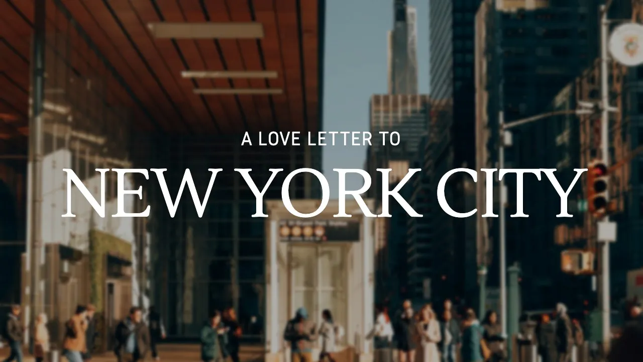Travel YouTube thumbnail template from Snappa featuring the Lustria font with a New York City background and editorial-style text
