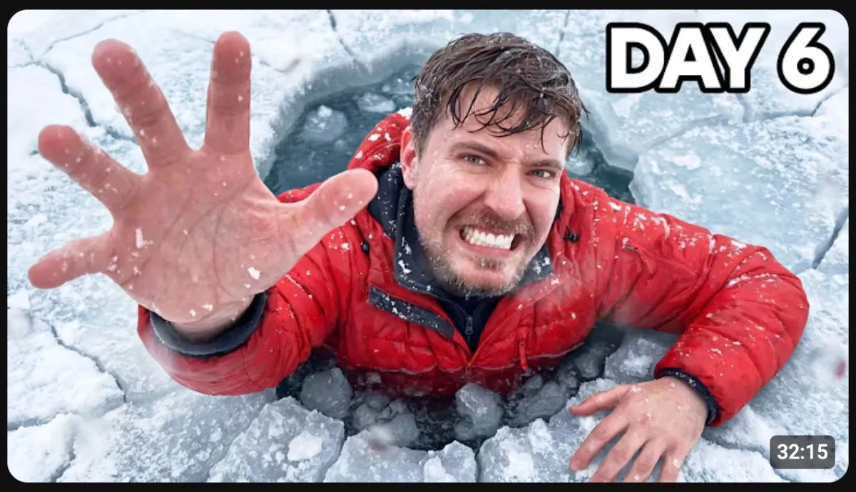 YouTube thumbnail with MrBeast in a red jacket reaching out from a hole in the ice with text reading DAY 6