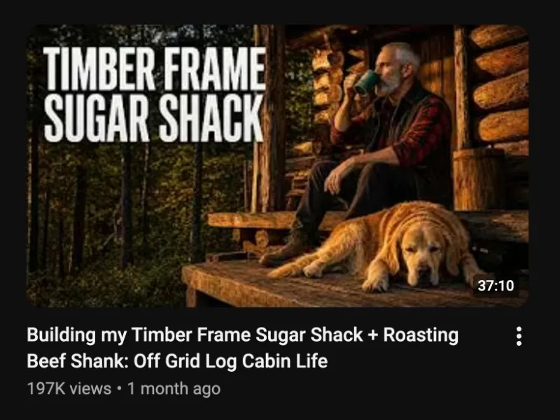 My Self Reliance YouTube thumbnail featuring large white text, a man sitting on a log cabin porch, and a dog resting beside him in a forest setting