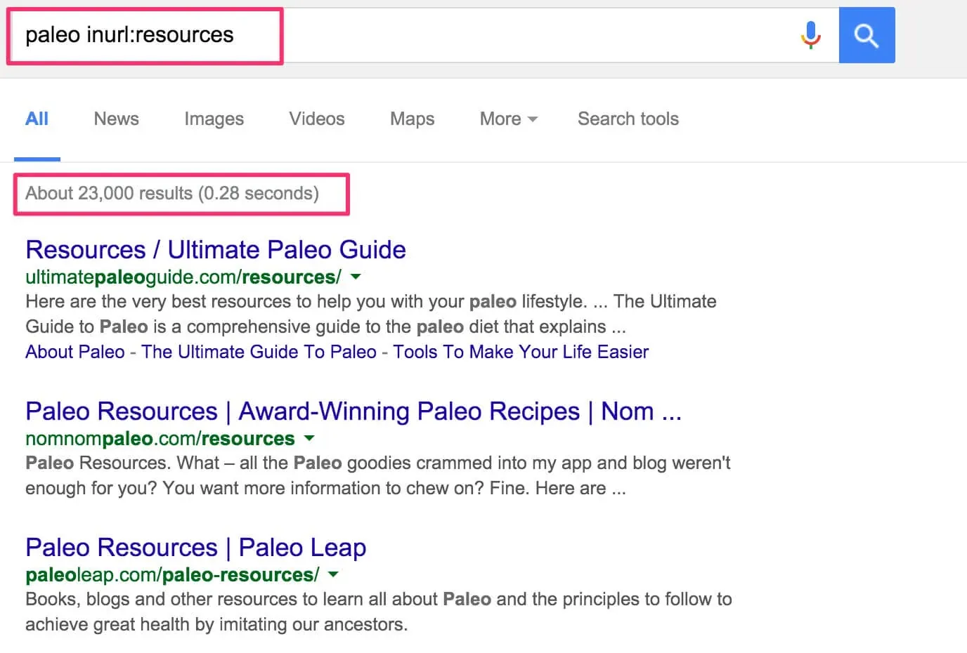 A screenshot showing Google search results with the inurl operator