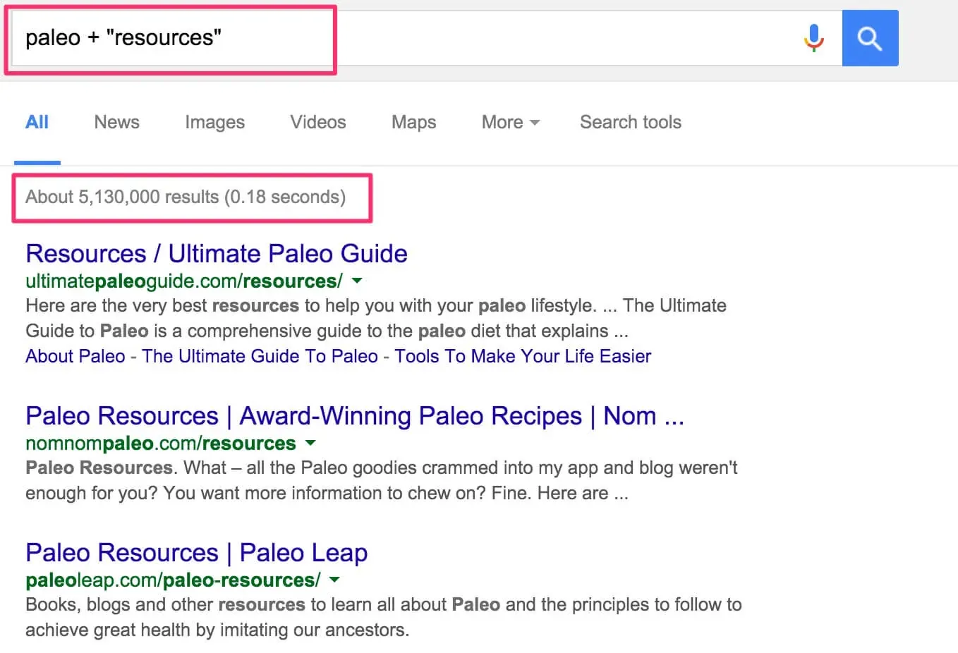 A screenshot of search results with the query paleo + "resources"