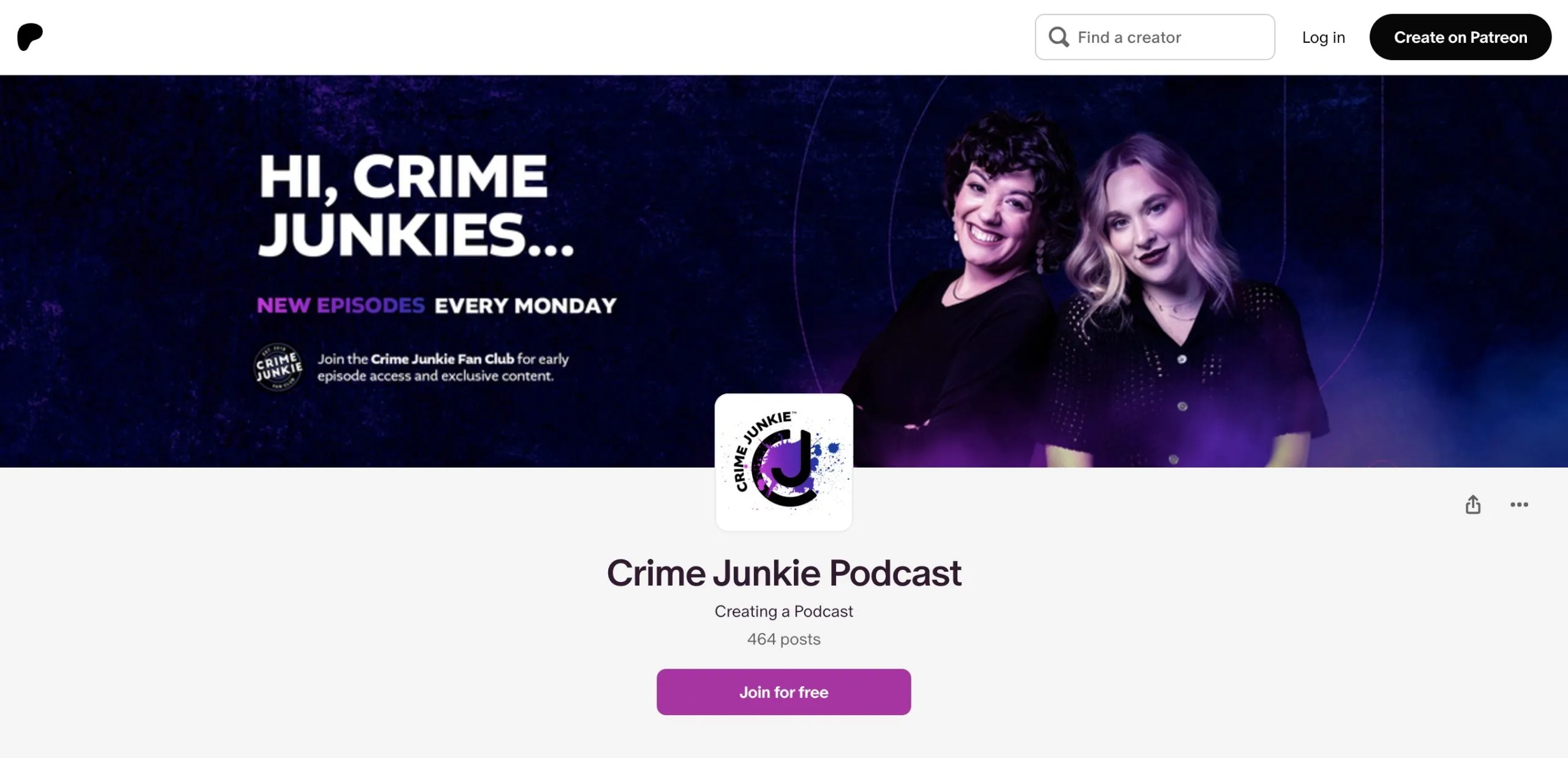 Patreon banner example from Crime Junkie Podcast