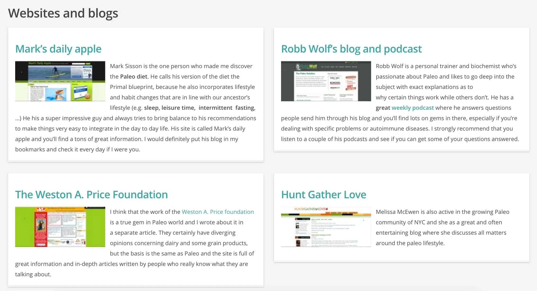 Example of a resource page containing many Paleo recipes and resources