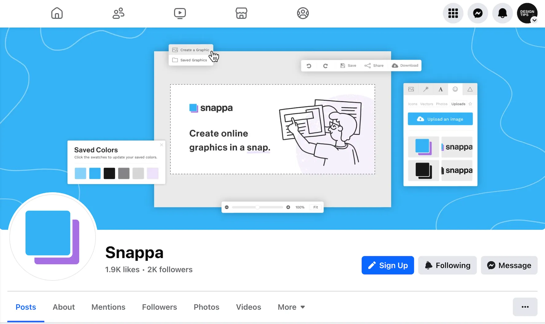 A screenshot of Snappa's Facebook page showing a Facebook cover photo on desktop