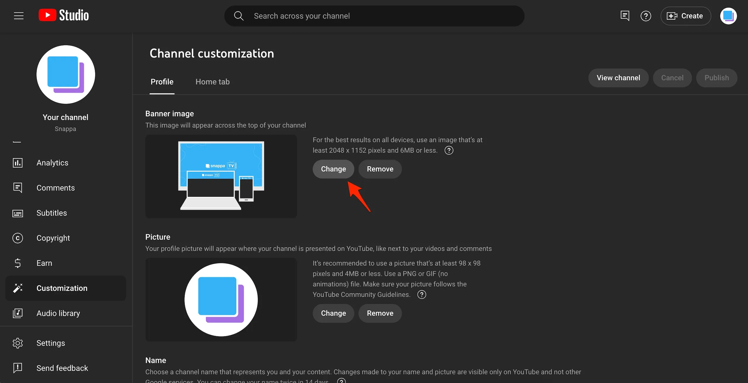 A screenshot showing instructions for how to change a YouTube banner