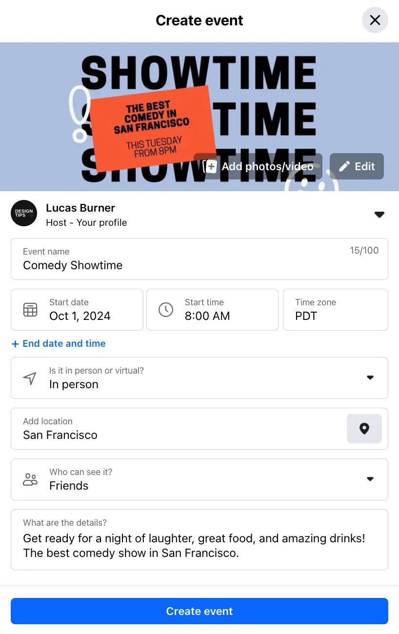 A screenshot of how to create an event on Facebook with a Facebook event cover photo