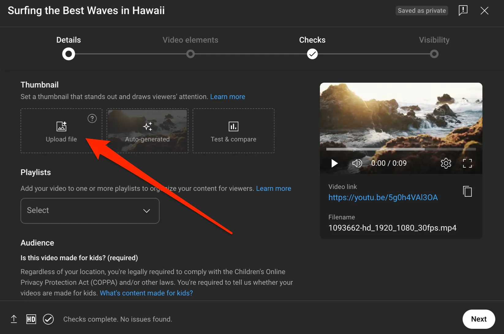 A screenshot showing how to upload a YouTube thumbnail in YouTube Studio
