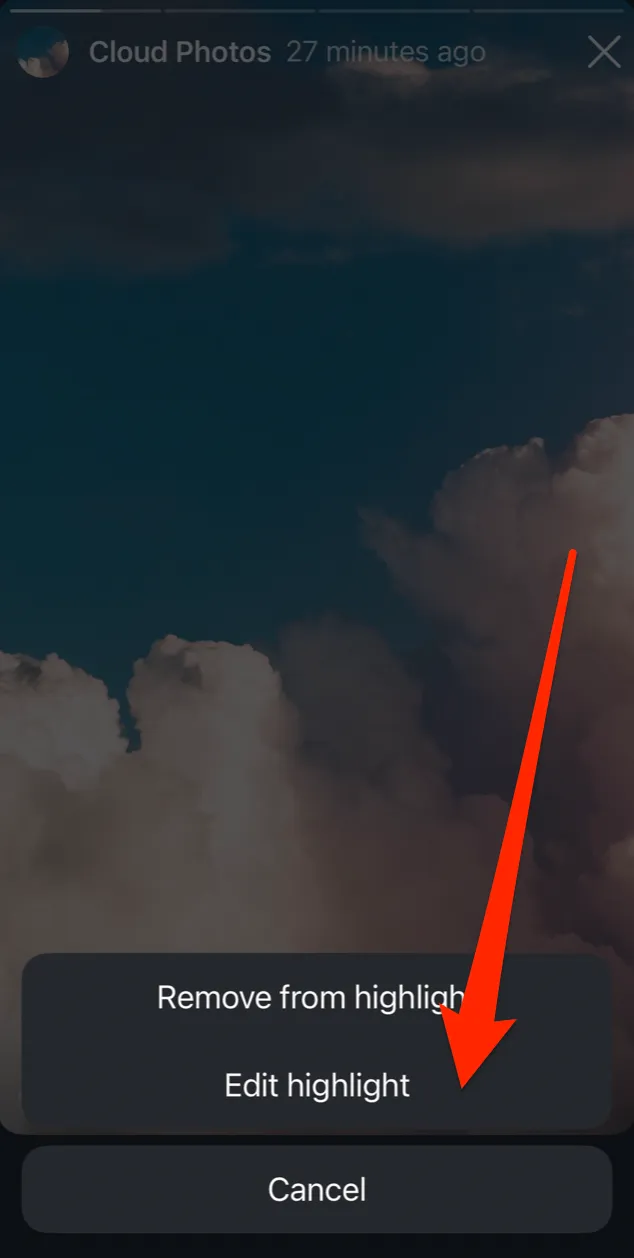 A screenshot showing how to edit Instagram highlights to add a highlight cover