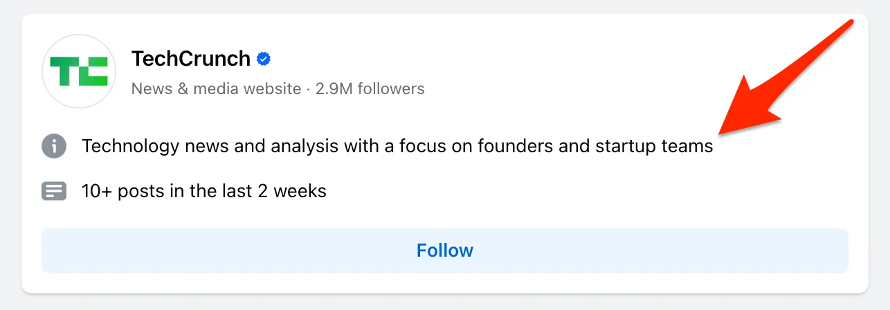 Facebook bio in search results from Techcrunch's Facebook Page