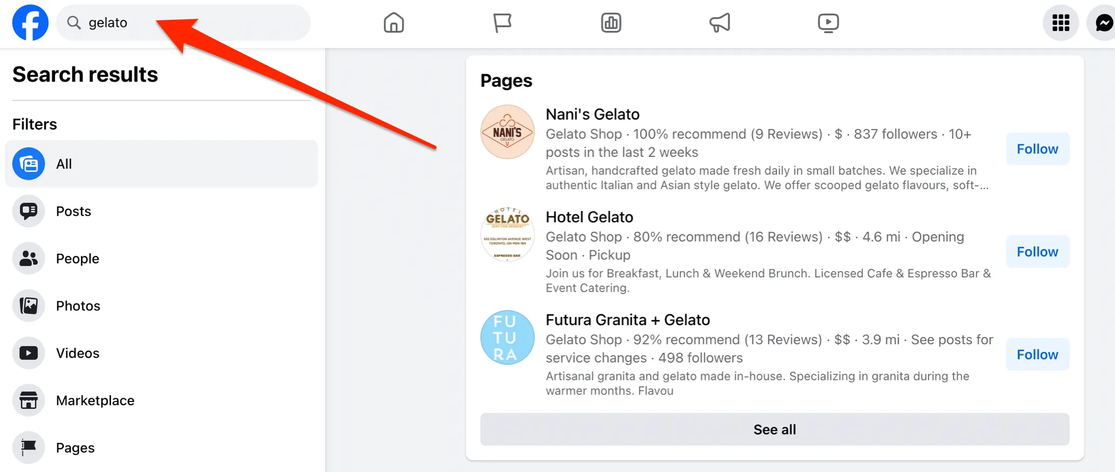 Facebook SEO example on Facebook's search engine