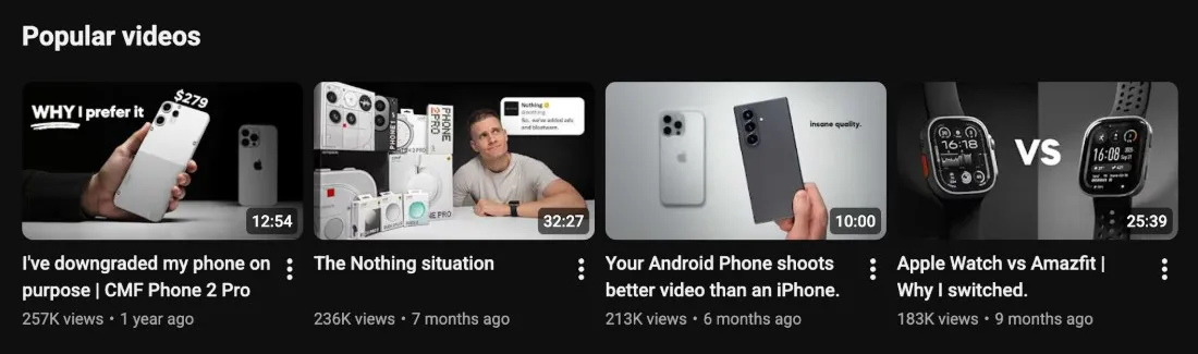 Screenshot of YouTuber AllexB's channel showing four tech review videos with a consistent thumbnail style, including similar product images, dark backgrounds, clean layouts, and minimal text