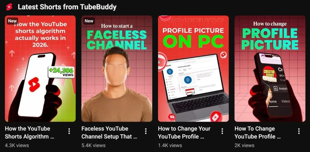 Screenshot of various Tubebuddy shorts thumbnails