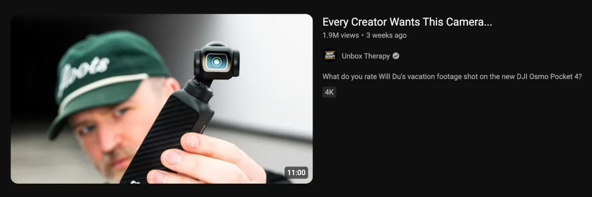 YouTube thumbnail from Unbox Therapy showing the DJI Osmo Pocket 4 camera with the title Every Creator Wants This Camera