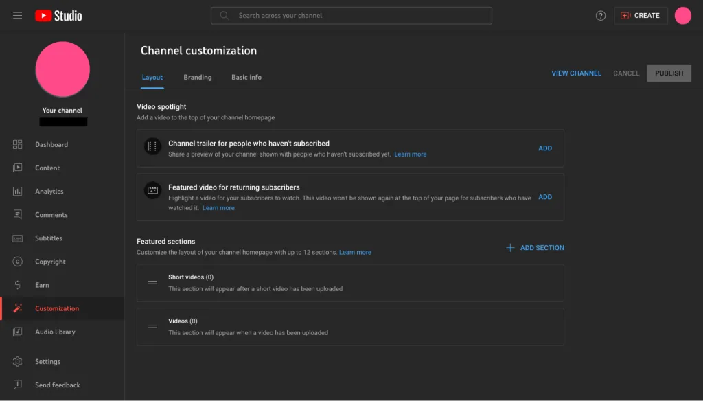 youtube channel customization layout tab