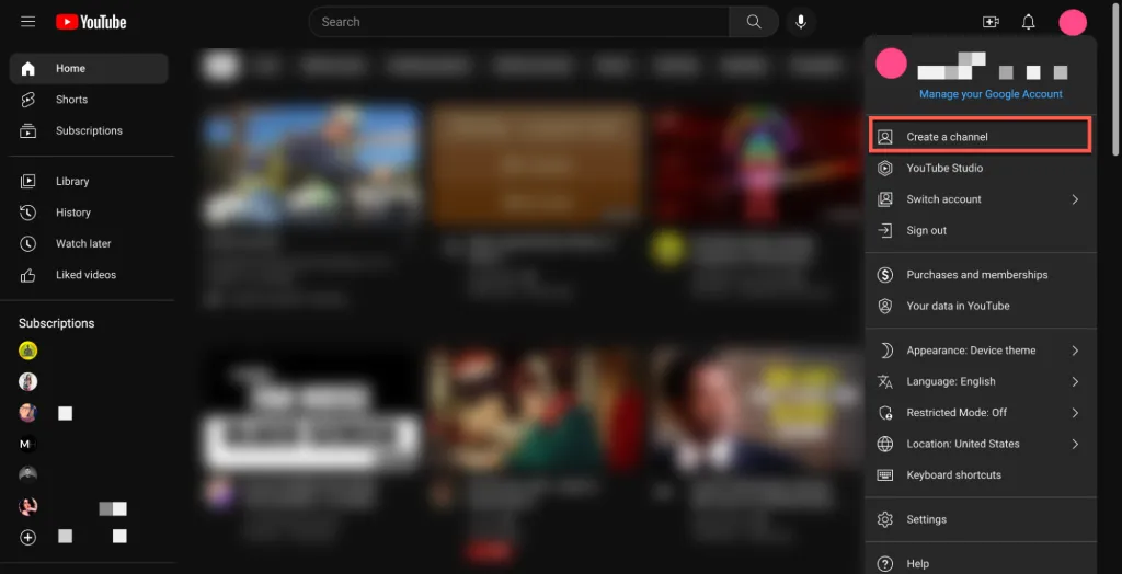 youtube create a channel button